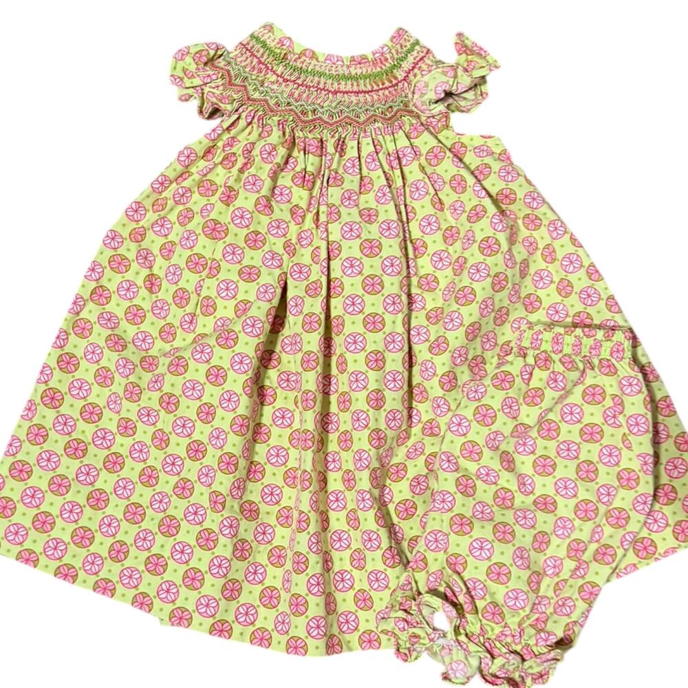The Bailey Boys | Green Pink Smocked Dress with Bloomers 3 month